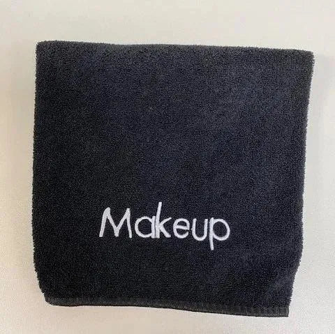 Black Microfiber Washcloth w/ "Makeup" Embroidered in White, 13"x13"